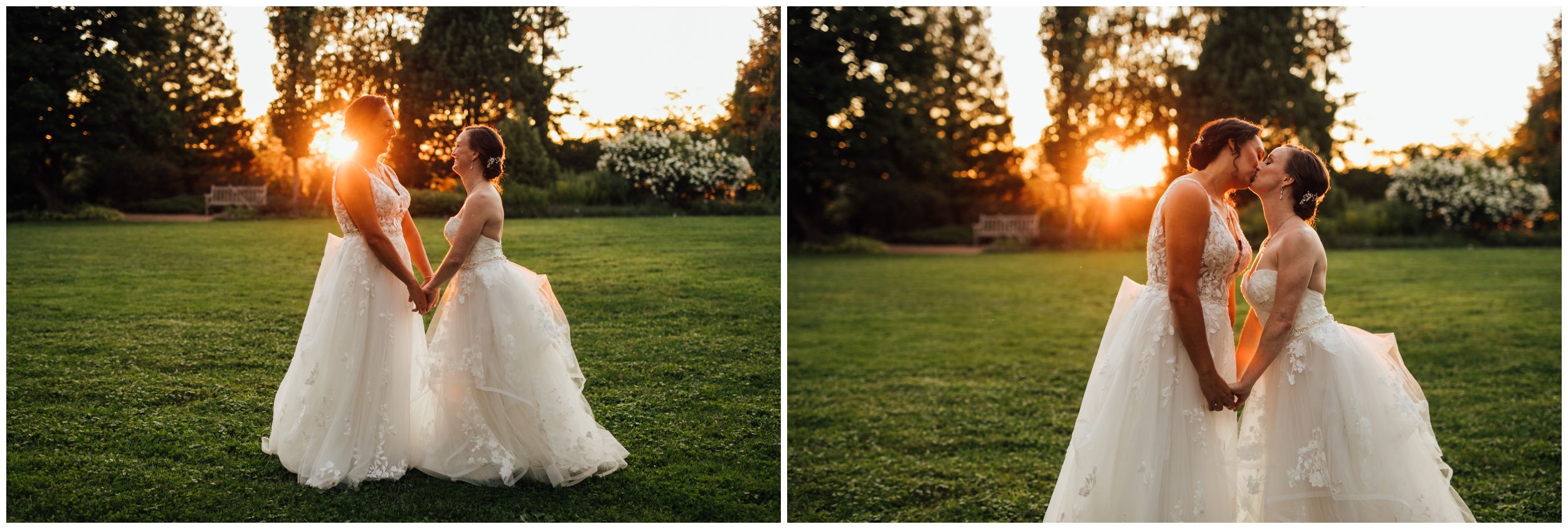 Same sex wedding sunset portraits at New England Botanic Garden at Tower Hill